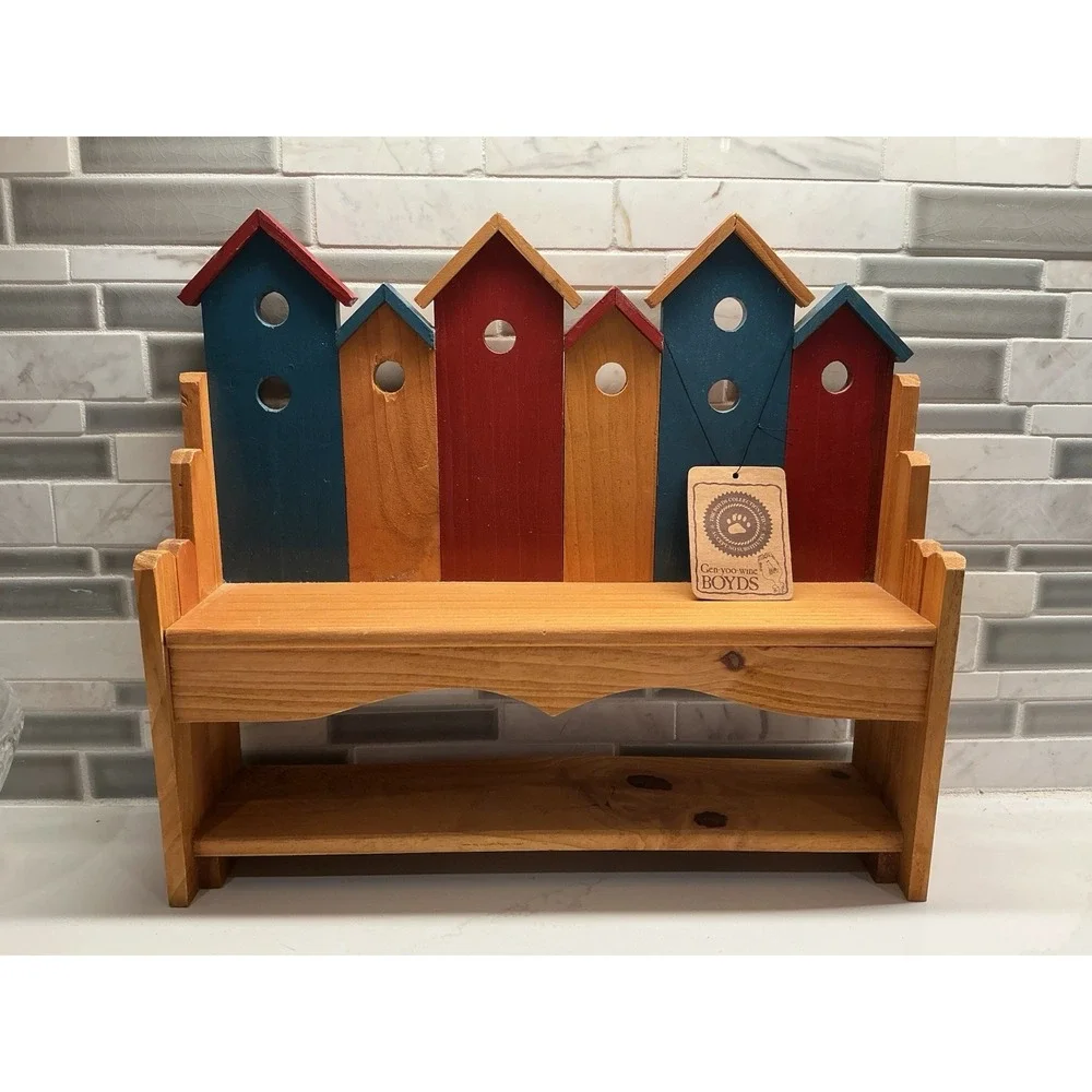 Boyds Wooden Birdhouse Bench Decorative Collectible Brown Blue Red